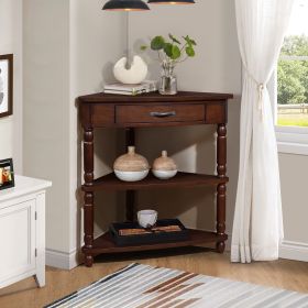 33.8'' Small Triangle Corner Table, Wood Corner Side Table for Small Spaces/ Living Room, 3 Tier End Corner Table with Solid Wood Legs, Light Esp