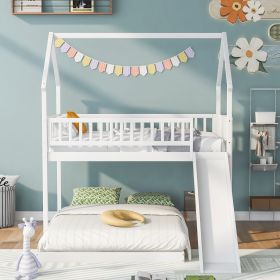 Twin over Full House Bunk Bed with Slide and Built-in Ladder, Full-Length Guardrail