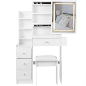 Small Size Left Bedside Cabinet Vanity Table + Cushioned Stool, 2 AC+2 USB Power Station, Hair dryer bracket