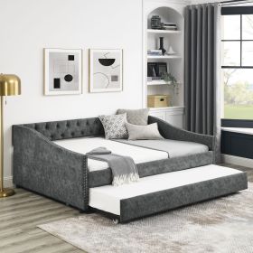 Full Size Daybed with Twin Size Trundle Upholstered Tufted Sofa Bed, with Button on Back and Copper Nail on Waved Shape Arms,Grey (80.5"x55.5"x27