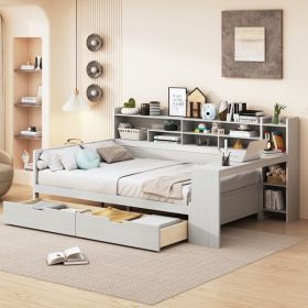 Wooden Full Size Daybed with Storage Shelves, Multi-functional Bed with Two Storage Drawers and Study Desk, Antique White