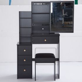 Small Size Left Bedside Cabinet Vanity Table + Cushioned Stool, Extra Large Sliding Mirror, Multi Layer, High Capacity Storage Fashionable Dresse