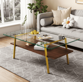 Rectangle Coffee Table, Tempered Glass Tabletop With Gold Metal Legs, Modern Table For Living Room , (Option: transparent)