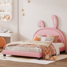 Full Size Upholstered Leather Platform Bed with Rabbit Ornament (Color: Pink)
