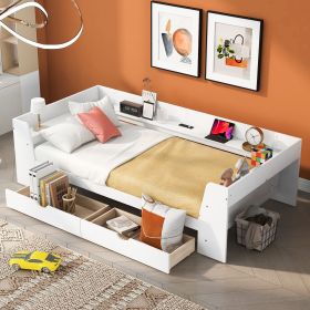 Twin Size Daybed with Shelves, Drawers and Built-In Charging Station (Color: White)