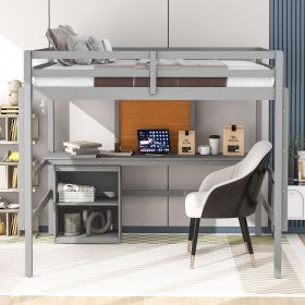 Full size Loft Bed with Desk and Writing Board, Wooden Loft Bed with Desk & 2 Drawers Cabinet (Color: Gray)