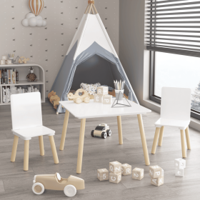 Kids Table and 2 Chairs Set, 3 Pieces Toddler Table and Chair Set, Wooden Activity Play Table Set (White) (Color: White, Material: Solid Wood+MDF)