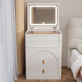 3-in-1 dressing table with flip mirror and light, small dressing table set with visible glass tabletop, 3 drawers, storage bench (Color: as picture)